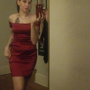 off the shoulder red satin dress